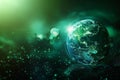 Digital graphic of Earth planet with glowing network lines and floating particles on dark green background with copy Royalty Free Stock Photo