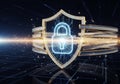 A digital graphic features a stylized shield with a glowing lock in the Royalty Free Stock Photo
