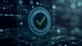 Digital Green Checkmark in Center of Futuristic Interface with Abstract Data Visualization Elements and Technology Background Royalty Free Stock Photo