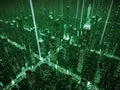 Digital Green Cityscape with Binary Code and Silhouetted Figures futuristic technology Royalty Free Stock Photo