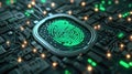 Digital green fingerprint identification on a high-tech circuit board. Royalty Free Stock Photo