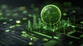 A digital green globe floating above a futuristic cityscape embedded on a circuit board, symbolizing the fusion of technology,
