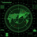 Digital green radar screen with world map, targets and futuristic user interface on black background Royalty Free Stock Photo