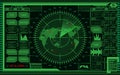 Digital green radar screen with world map, targets and futuristic user interface on dark background Royalty Free Stock Photo