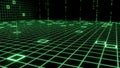 Digital grid with glowing green squares and falling binary code on black background Royalty Free Stock Photo