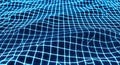 A digital grid of neon blue lines forms a 3D surface, resembling a topographical m Royalty Free Stock Photo