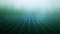 Digital grid overlay on foggy forest background with glowing particles and soft bokeh effect Royalty Free Stock Photo