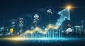Digital growth chart with upward arrow and technology including data analytics cloud computing and mobile device Royalty Free Stock Photo