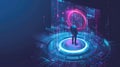 Digital Guardian: Navigating the Future of Cybersecurity, A man stands in front of a glowing blue circle