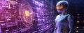 Digital Guardian Robot Protecting Data Streams with Holographic Cybersecurity Visuals