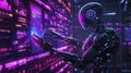 Digital Guardian Robot Protecting Data Streams with Holographic Cybersecurity Visuals