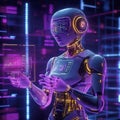 Digital Guardian Robot Protecting Data Streams with Holographic Cybersecurity Visuals
