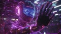 Digital Guardian Robot Protecting Data Streams with Holographic Cybersecurity Visuals