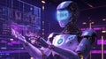 Digital Guardian Robot Protecting Data Streams with Holographic Cybersecurity Visuals