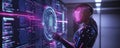Digital Guardian Robot Protecting Data Streams with Holographic Cybersecurity Visuals