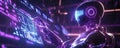 Digital Guardian Robot Protecting Data Streams with Holographic Cybersecurity Visuals