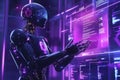 Digital Guardian Robot Protecting Data Streams with Holographic Cybersecurity Visuals