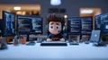 Digital Hacker Character in a Dark Room with Coding Screens Royalty Free Stock Photo