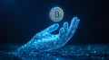 Digital hand composed of binary code reaching for a floating cryptocurrency coin in a virtual space Royalty Free Stock Photo