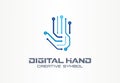 Digital hand creative symbol concept. Robot arm, futuristic technology, cyber security abstract business logo. Circuit