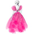 Digital hand drawing woman in fashion evening pink dress and rich earrings on celebration party.