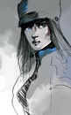 Digital hand drawn portrait of woman character in uniform with cap and stand collar in blue gray hues.