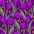 Digital hand drawn seamless pattern with bright decorative onion flowers on a dark background
