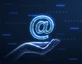 Digital hand and email sign. AI mailing, email icon, inbox logo, envelope symbol Royalty Free Stock Photo