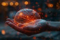 A digital hand holding a human brain, its neurons intertwined with data streams