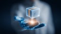 Digital hand holding holographic data cube representing cloud computing and secure digital assets concept Royalty Free Stock Photo
