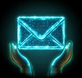 A digital hand inserted a letter into an envelope. AI mailing, email icon, inbox logo, envelope symbol. Royalty Free Stock Photo