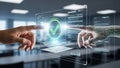 Futuristic holographic interface with a checkmark and digital hand interacting with data Royalty Free Stock Photo