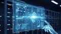 A digital hand interacting with a holographic interface displaying data analytics and charts in a futuristic server room Royalty Free Stock Photo