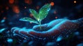 Digital hand nurturing a sprout, glowing bokeh background Royalty Free Stock Photo