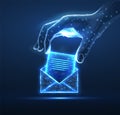 Digital hand put letter in to the envelop. AI mailing, email icon, inbox logo, envelope symbol Royalty Free Stock Photo