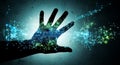 Digital hand reaching out through glowing binary code and circuitry patterns Royalty Free Stock Photo