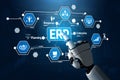 Digital Hand of Robot Interacting with Enterprise Resource Planning Concept on Futuristic Technology Interface for Royalty Free Stock Photo
