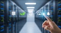 Digital hand touching cloud computing icons in server room futuristic tech Royalty Free Stock Photo