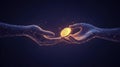 Digital hands exchanging a golden coin in a dark abstract space