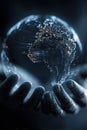 Digital hands holding a glowing earth globe with data visualization Royalty Free Stock Photo