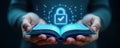 Digital hands hover above open book icon representing digital copyright protection for written works. Virtual security protection