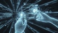 Digital hands interacting with futuristic interface in a dark techdriven environment Royalty Free Stock Photo