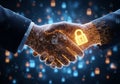 Digital handshake with glowing lock and circuit board pattern Royalty Free Stock Photo