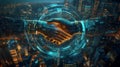 Digital Handshake Over Glowing Cityscape at Night Royalty Free Stock Photo