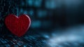 Red digital heart made of binary code glowing on a dark background with blue neon accents, representing online love Royalty Free Stock Photo