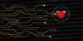 Digital heart on golden binary code background online dating con