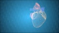 Digital heart icon in lattice style over digital blue background with data rows curtain going down.