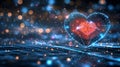 Digital Heart Monitoring on Grid Background, Glowing Red Icon, Vector, Abstract Lines, Bokeh