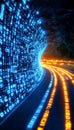 Digital Highway Abstract Neon Code Flowing Towards Vibrant Light, Modern Technology Concept