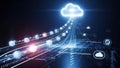 Digital highway with binary code leading to a glowing cloud in a futuristic technology background Royalty Free Stock Photo